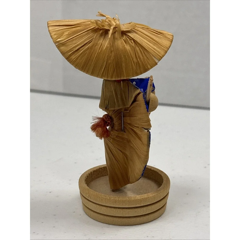 Vintage Japanese Hand Painted Kokeshi Wooden Straw‎ Hat Doll Figurine 3.5